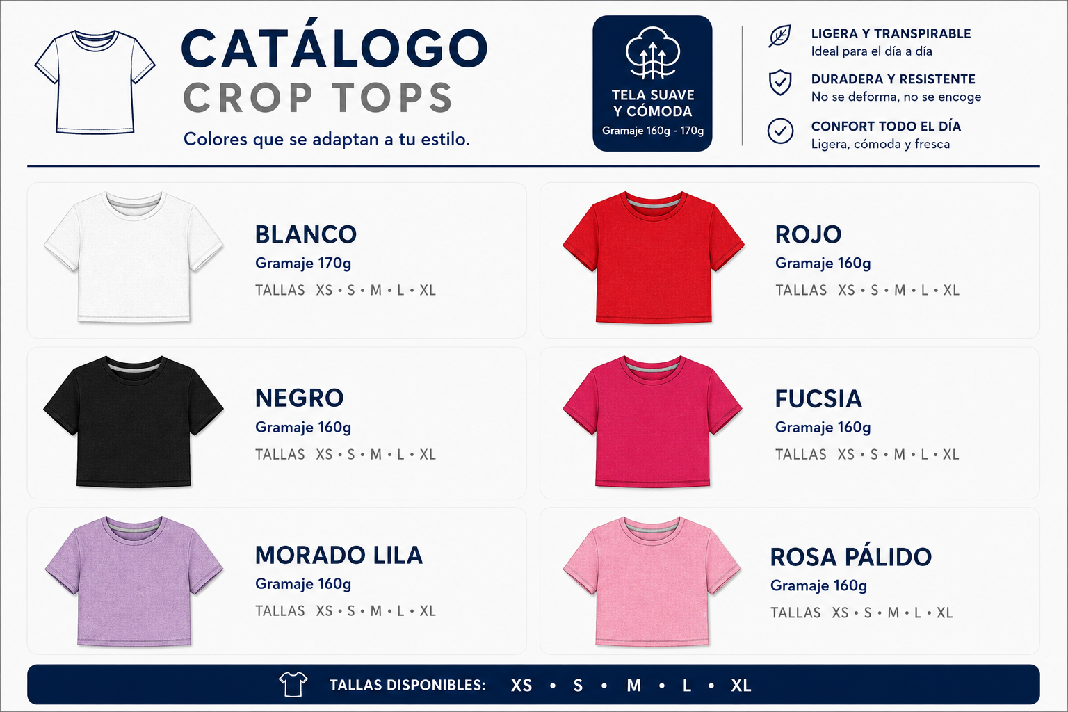 Catálogo de crop tops en varios colores