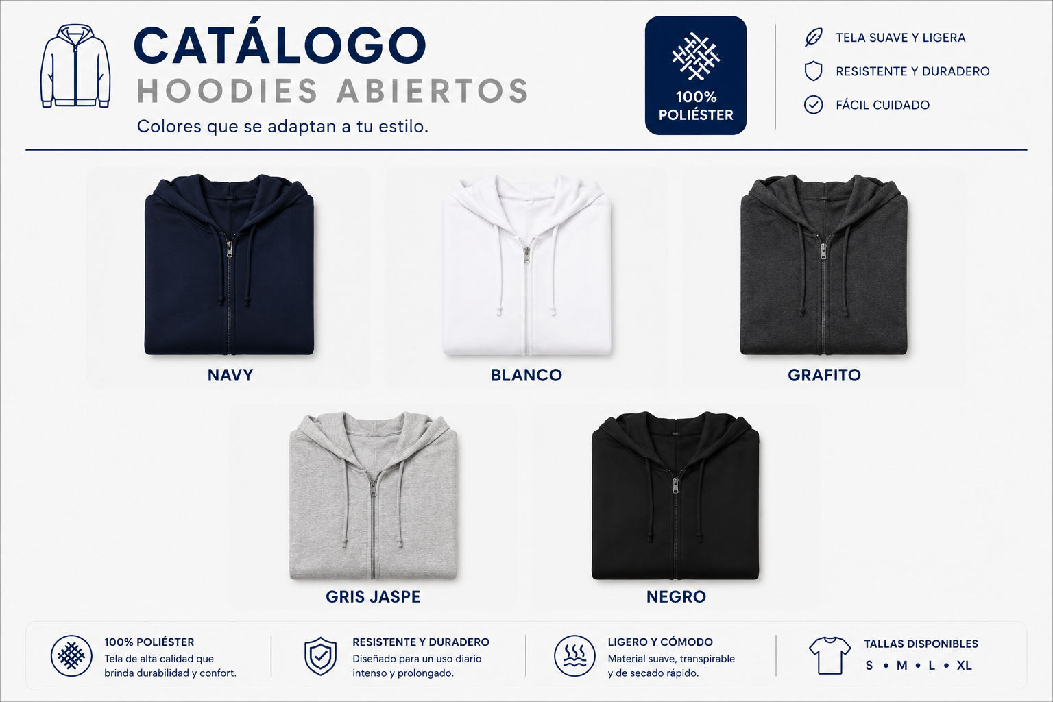 Catálogo de hoodies abiertos con zipper