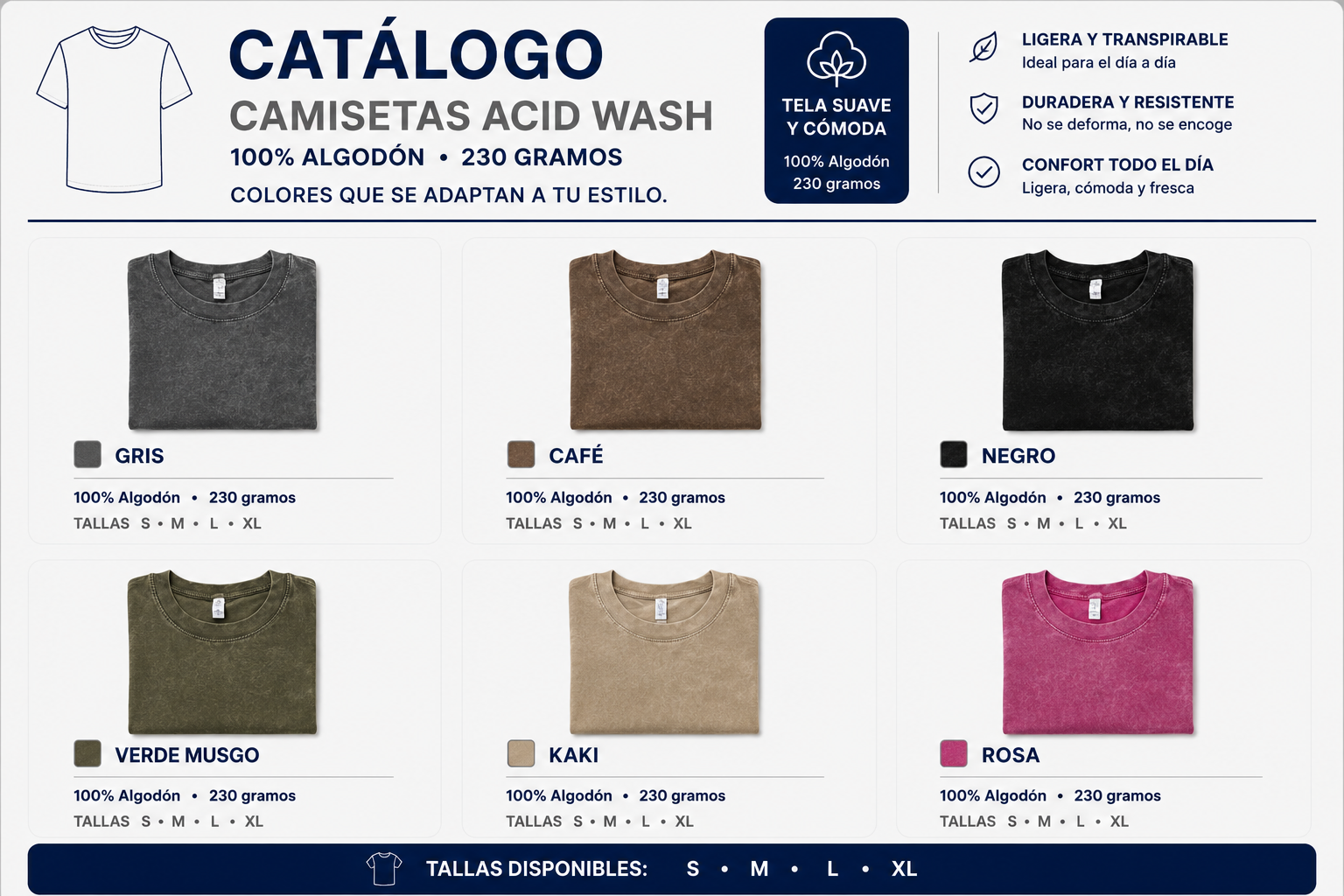 Catálogo de camisetas acid wash en seis colores
