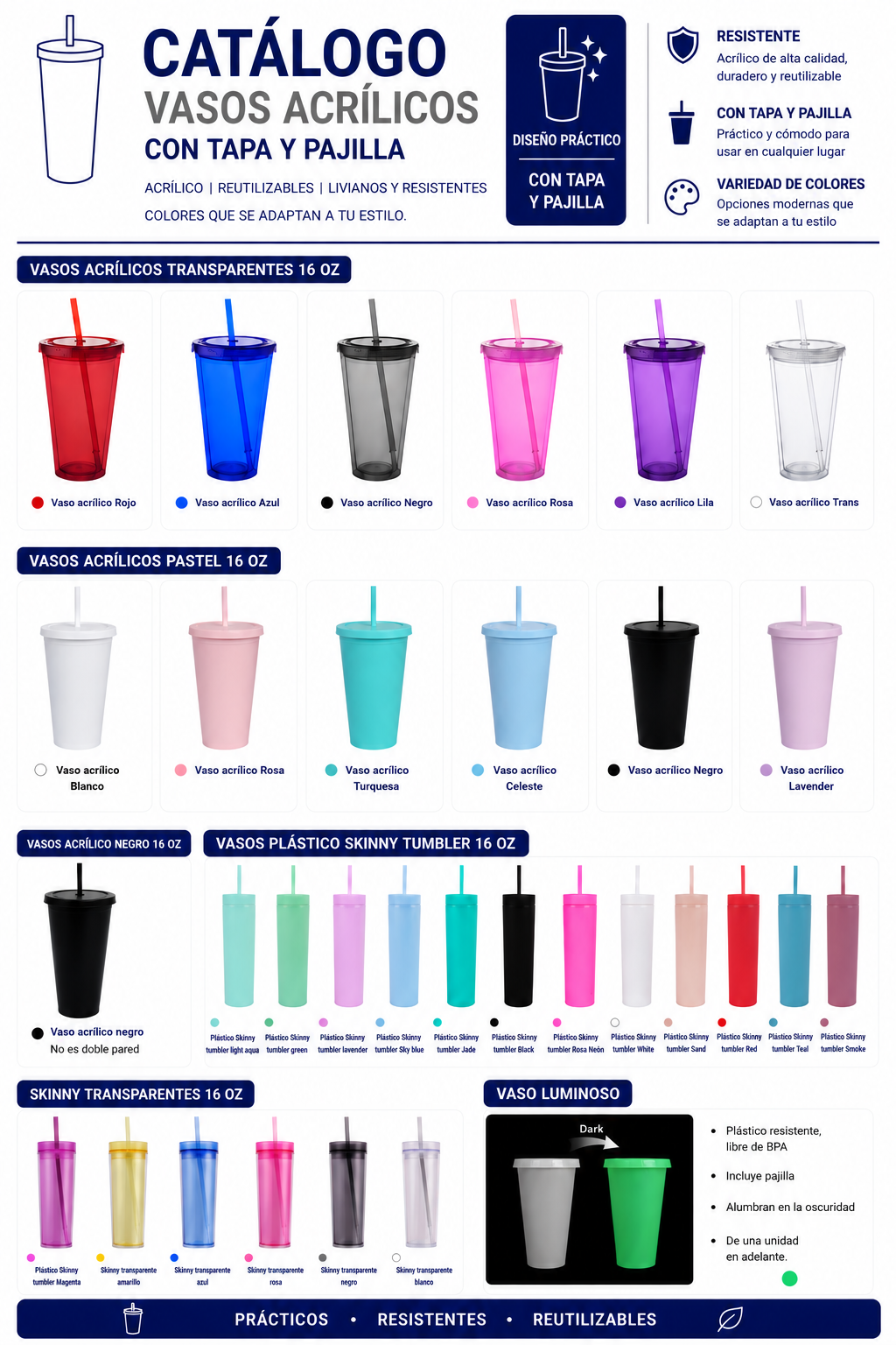 Catálogo de vasos acrílicos con tapa y pajilla