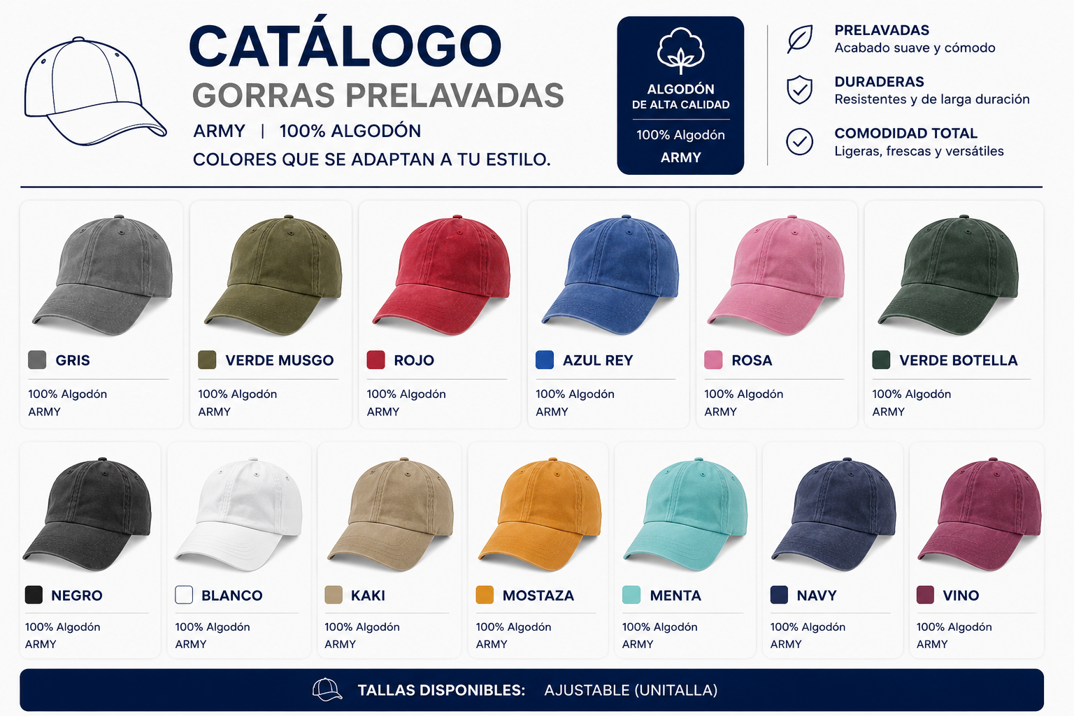 Catálogo de gorras prelavadas 100% algodón en 13 colores