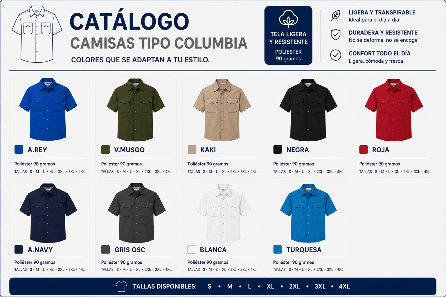 Catálogo de camisas tipo Columbia manga corta