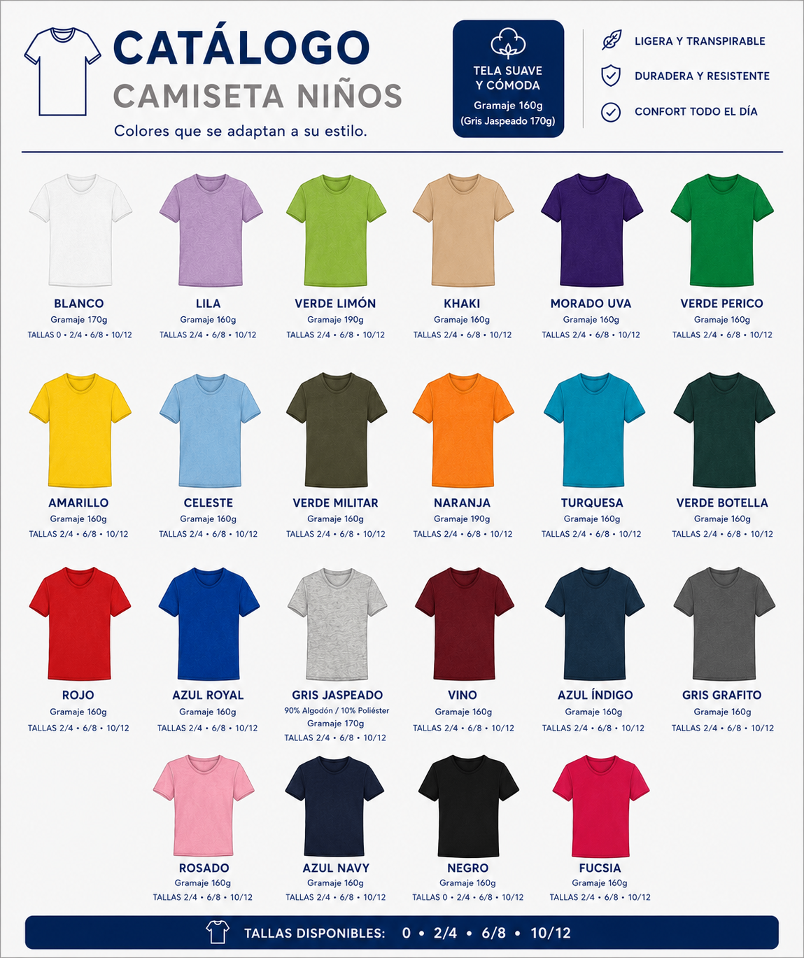Catálogo de camisetas para niños en varios colores