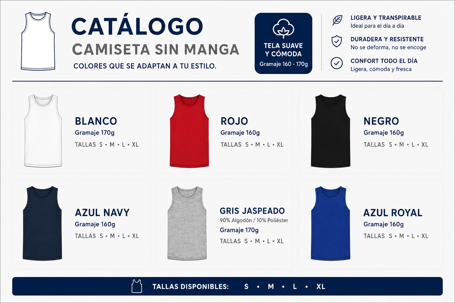 Catálogo de camiseta sin manga en distintos colores