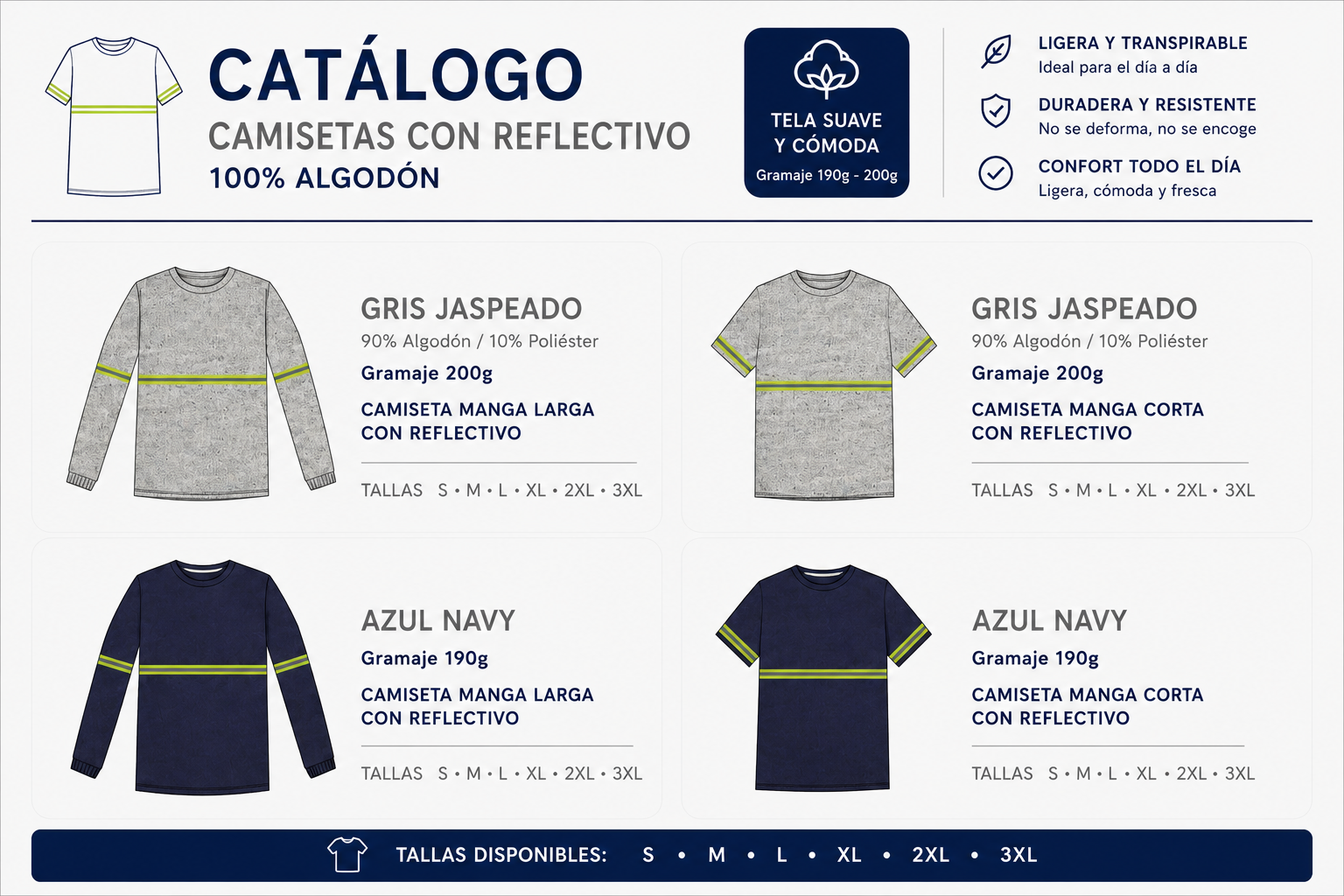 Catálogo de camisetas con banda reflectiva en gris jaspeado y azul navy