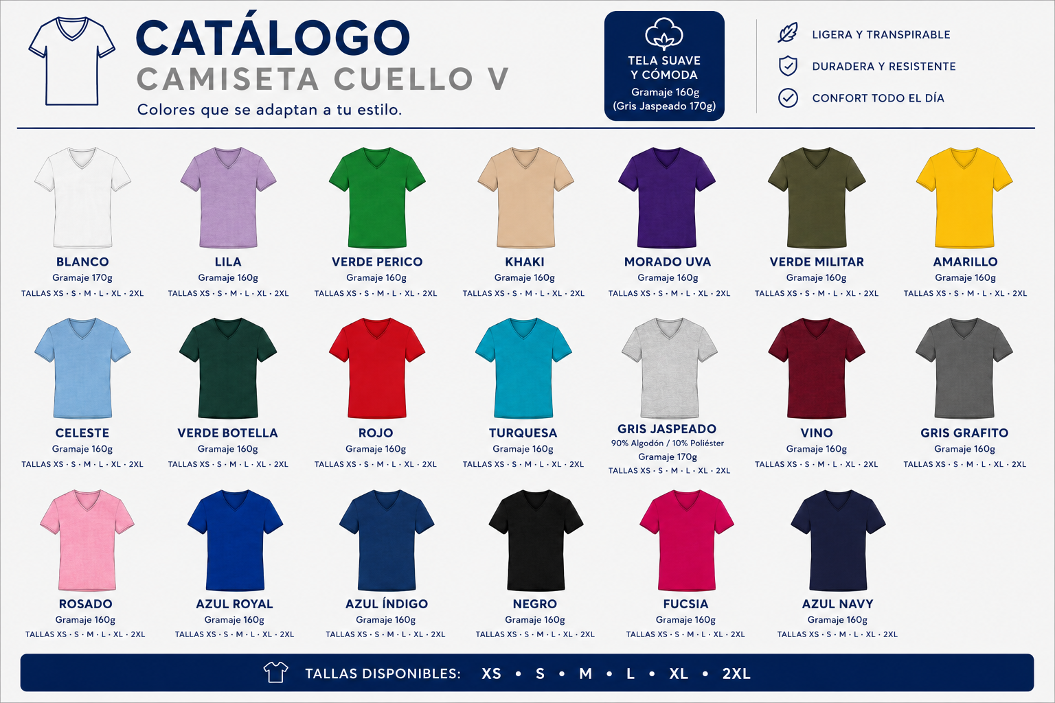 Catálogo de camiseta cuello V en varios colores