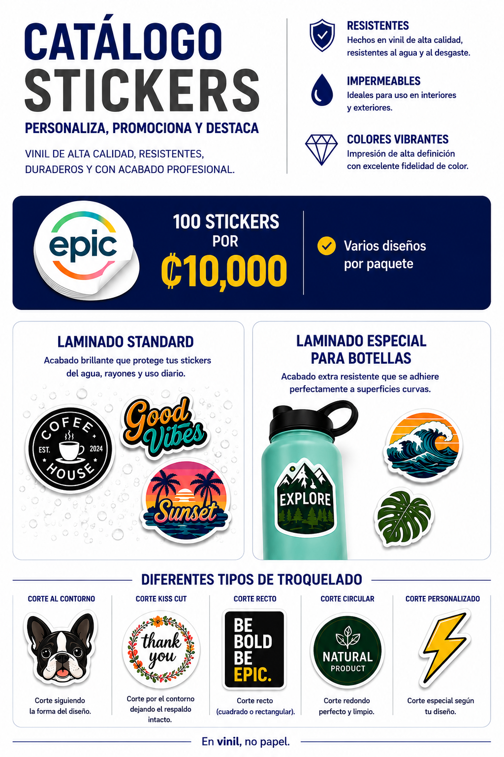 Catálogo de stickers con laminados y tipos de troquelado