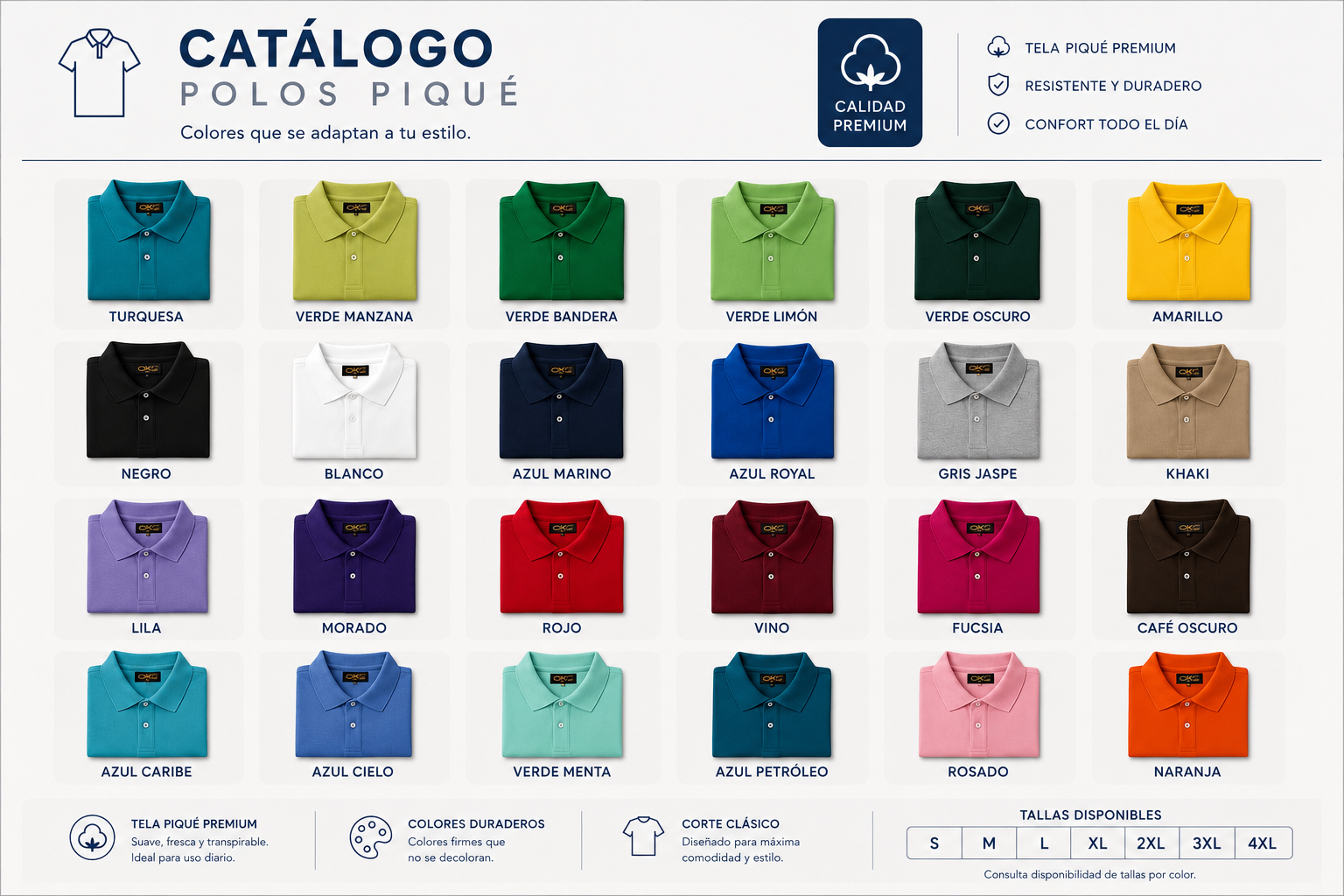 Catálogo de polos piqué en varios colores
