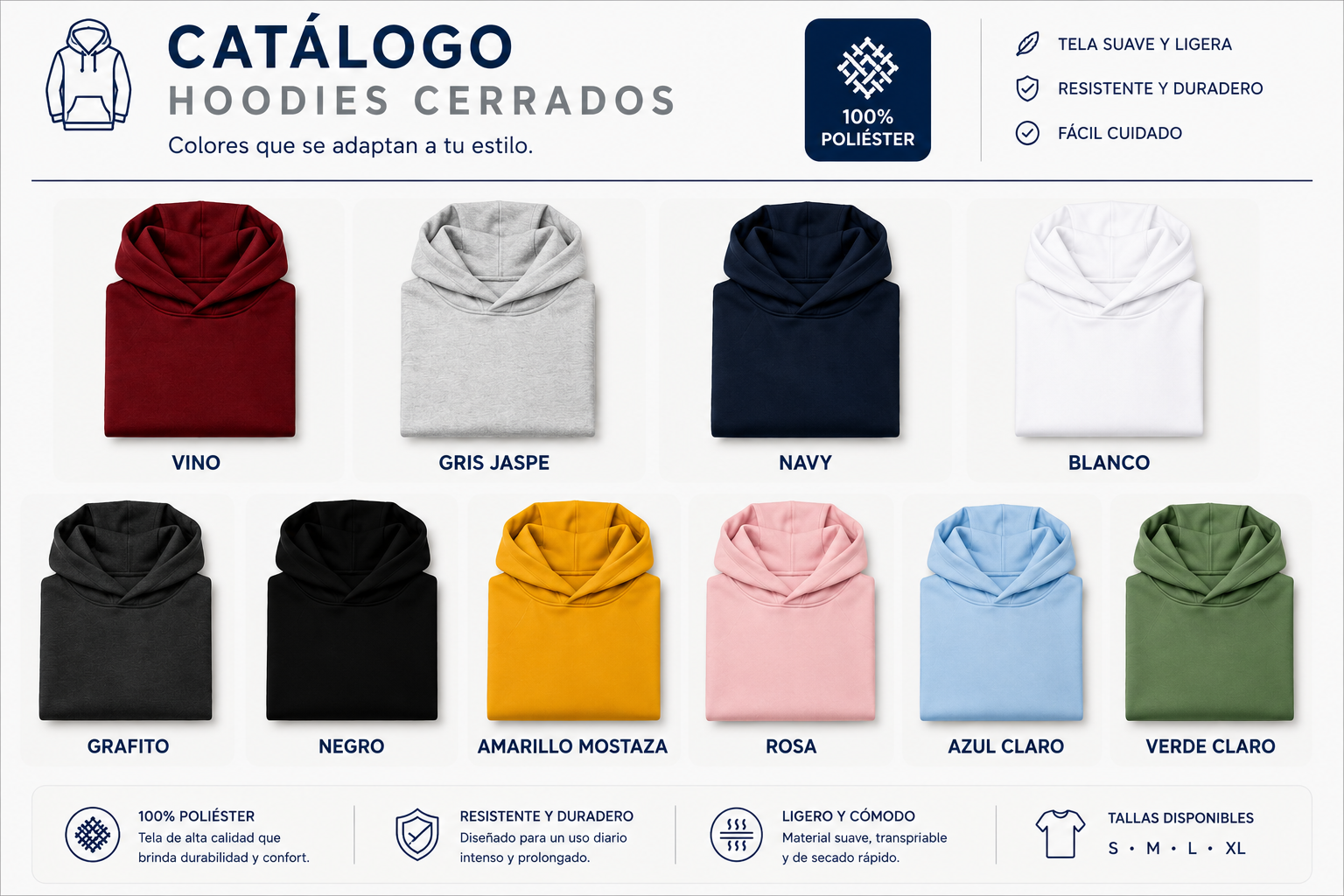 Catálogo de hoodies cerrados disponibles en varios colores