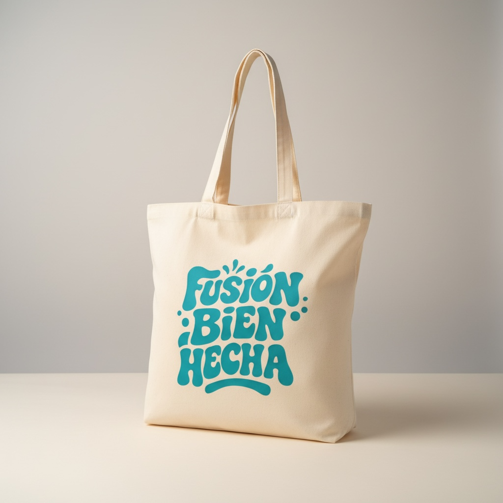 Tote bag crudo con lettering Fusión Bien Hecha en turquesa