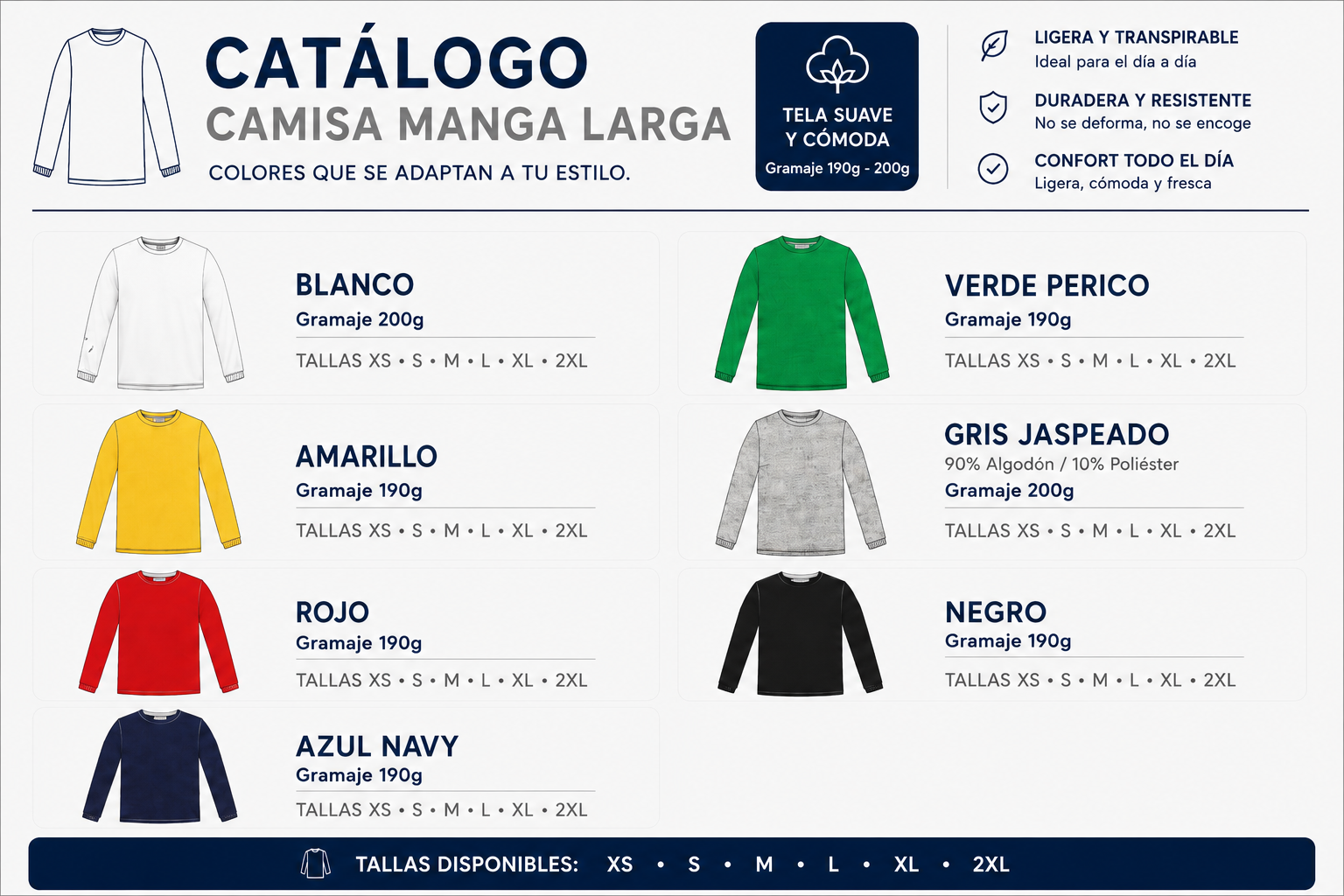 Catálogo de camisa manga larga en varios colores
