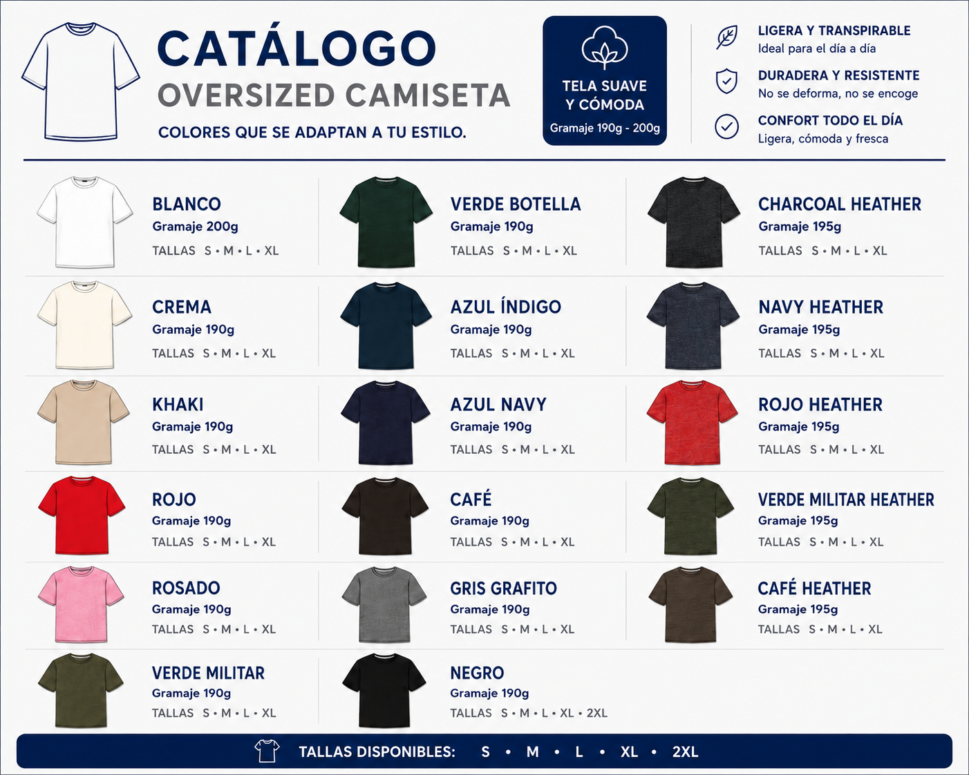 Catálogo de camisetas oversized en varios colores