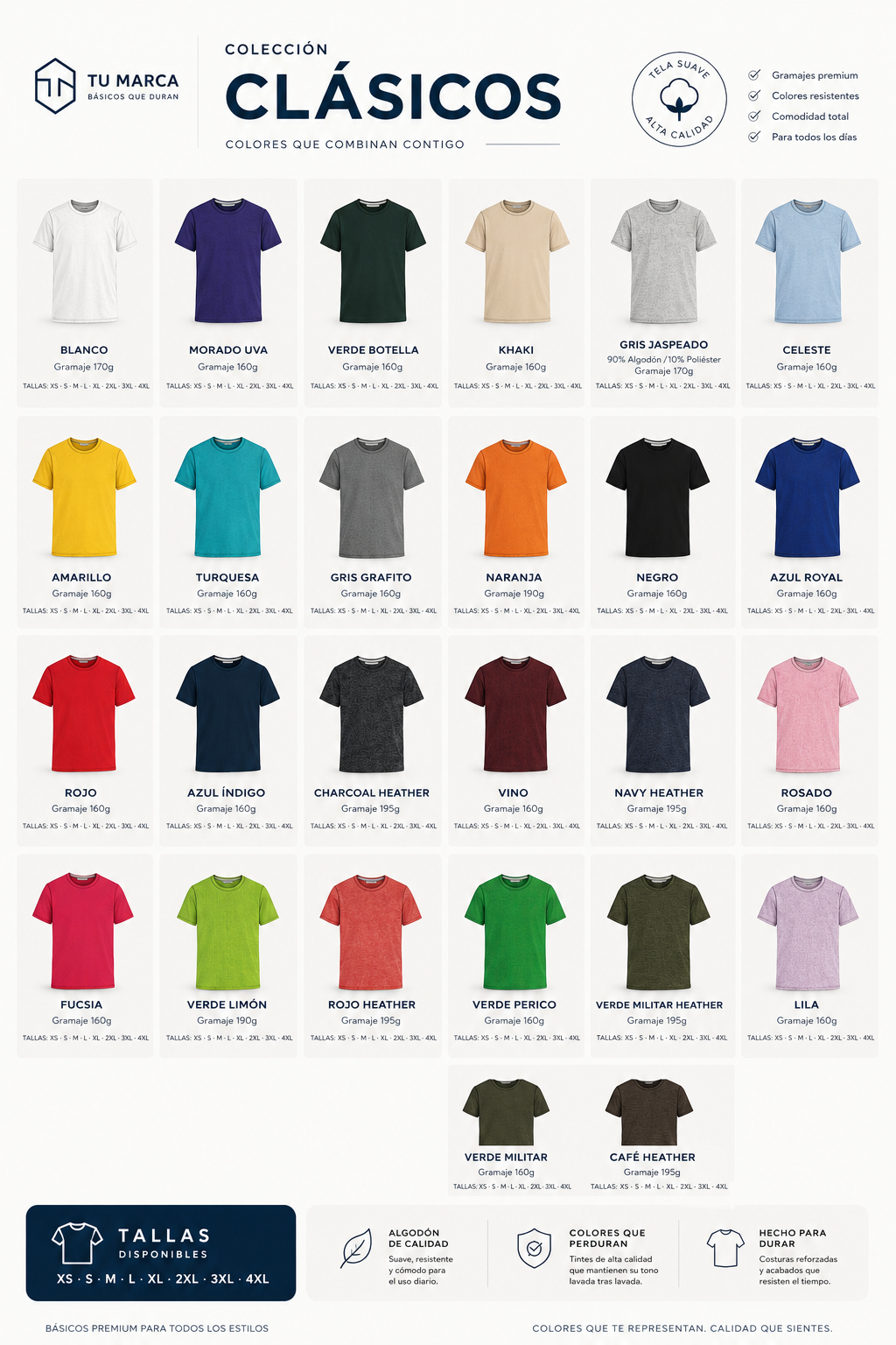 Catálogo de camisetas clásicas en más de 25 colores
